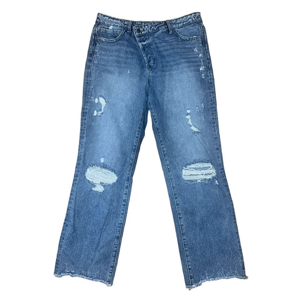 Flying monkey high rise straight raw hem button fly demin distressed jeans 9(29)